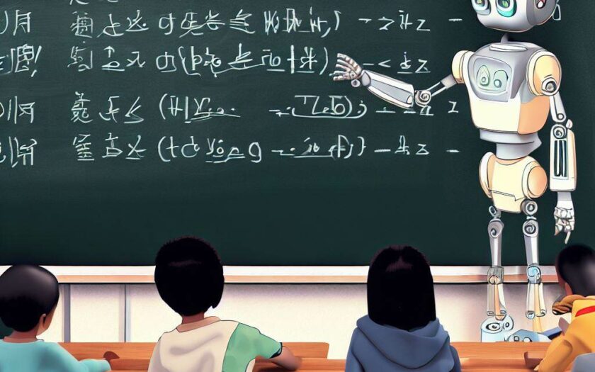 eine künstliche Intelligenz unterrichtet in einem Klassenzimmer vor einer Tafel mehrere Schüler im Stil eines gibhli comics, erstellt mit KI - Unterstützt von DALL-E