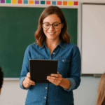 Lehrerin mit Tablet in der Hand