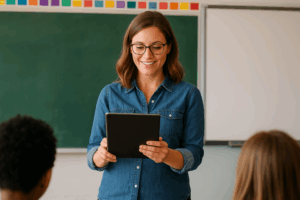 Lehrerin mit Tablet in der Hand