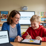 Ein KI-generiertes Bild zeigt eine Lehrkraft, welche mit einem Schüler an einem Tablet arbeitet