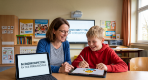 Ein KI-generiertes Bild zeigt eine Lehrkraft, welche mit einem Schüler an einem Tablet arbeitet