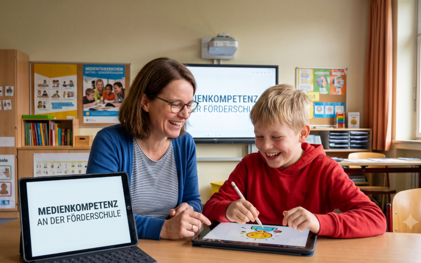 Ein KI-generiertes Bild zeigt eine Lehrkraft, welche mit einem Schüler an einem Tablet arbeitet